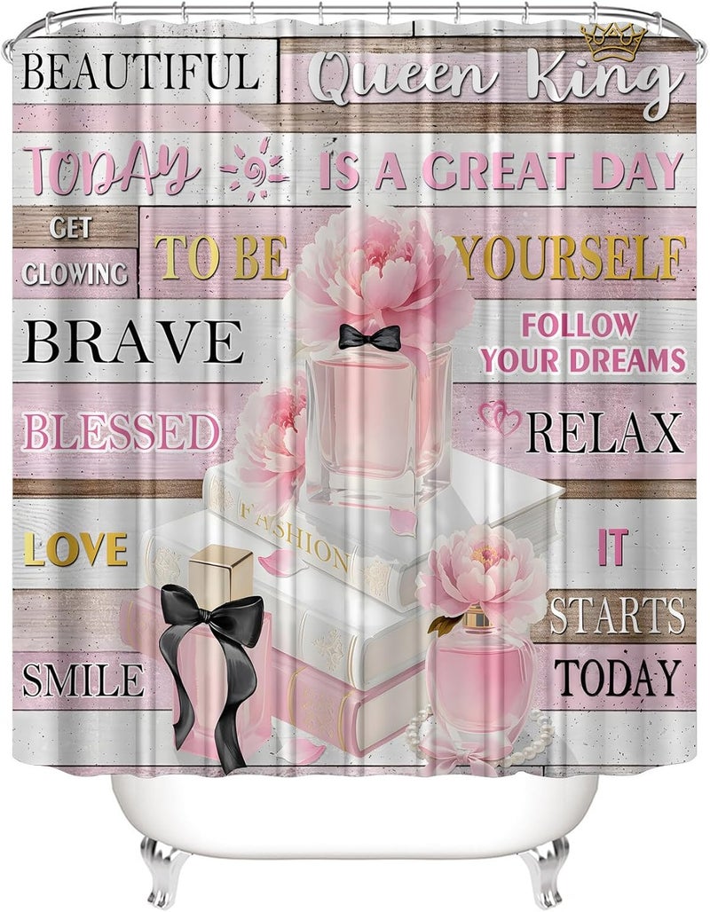 AZHM 4Pcs Shower Curtain Set Pink Fashion Floral Bathroom Decor Inspirational Quotes Bathroom Shower Curtain with Rugs and Accessories Girly Perfume Bathroom Set - Image 5